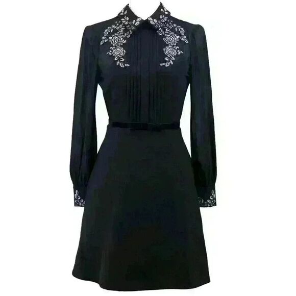 Ted Baker London Black Chiffon Long Sleeve Embroidered Mini Dress Size 0 - Picture 1 of 11
